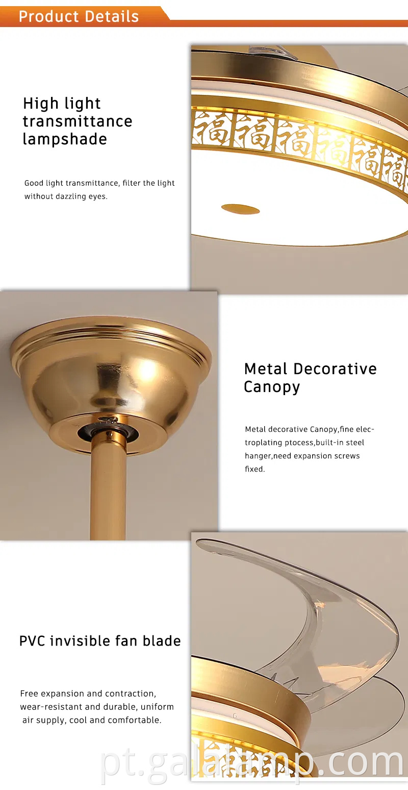 Ventilador de teto de lâmina retrátil com controle remoto e luz LED